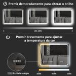 Espelho de Casa de Banho com Luz LED 70x50 cm Bluetooth 3 Cores de Luz Relógio Digital Função Antiembaciamento Memória Prata