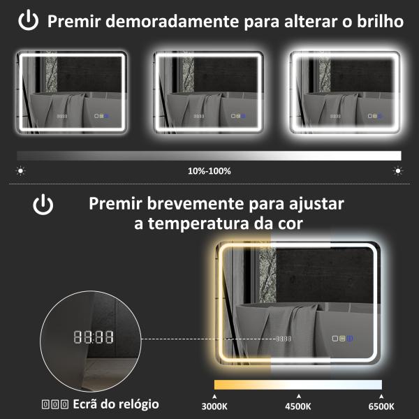 Espelho de Casa de Banho com Luz LED 70x50 cm Bluetooth 3 Cores de Luz Relógio Digital Função Antiembaciamento Memória Prata