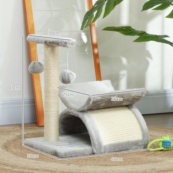 Árvore Arranhador para Gatos Pequena com Poste Giratório Bolas Suspensas Plataforma Curva e Esconderijo 40x30x43 cm Cinza
