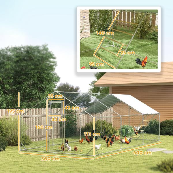 Galinheiro para Exterior 3x6 m Galinheiro de Aço Galvanizado com Comedouro Suspenso Tipo Espeto Poleiro Anti - UV Prata