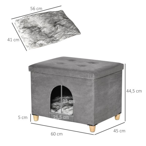 Caverna para Gatos 2 em 1 Banco para Apoio dos Pés com Tampa Removível Orifício de Entrada Almofada Lavável e Pés Elevados de Madeira para Interior 60x45x44,5cm Cinza