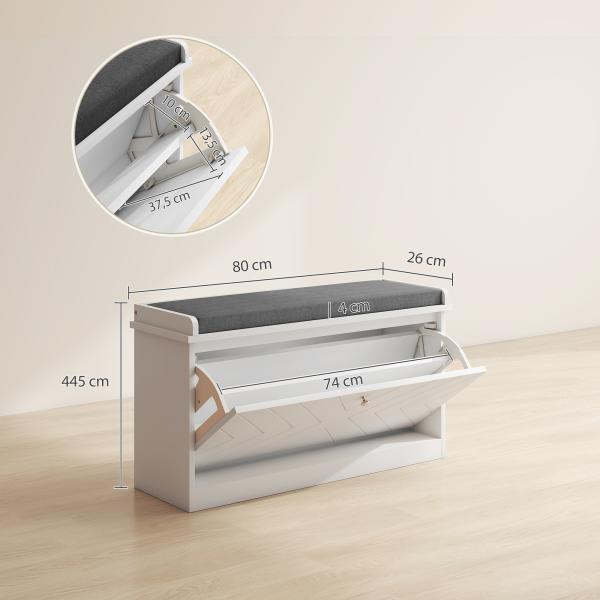 Banco Sapateira Moderno de Madeira com Prateleiras Ajustáveis e Almofada Acolchoada para 8 Pares de Sapatos 80x26x44,5 cm Branco