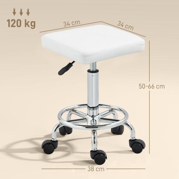Banco Giratório com Rodas Altura Regulável 50 - 66 cm Assento Estofado em Imitação de Couro 34x34x50 - 66 cm Branco