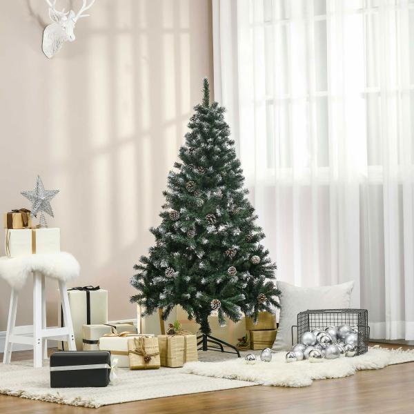 Árvore de Natal Artificial 150cm com 676 Ramas e 41 Pinhas Folhas de PVC com Efeito de Neve Base Dobrável e Suporte Metálico para Interiores Verde
