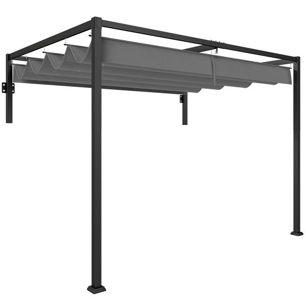 Pérgola de Parede 297x211x220 cm Pérgola de Jardim com Teto Retrátil e Estrutura de Aço Pérgola para Pátio Exterior Cinza Escuro