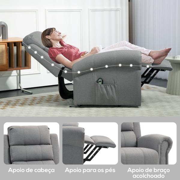 Poltrona Reclinável Elétrica Levanta Pessoas com Massagem Vibratória e Aquecimento 98x96x105 cm Cinza