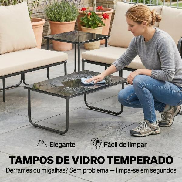Conjunto de Jardim de 4 Peças Móveis de Exterior com 2 Sofás de 2 Lugares 2 Mesas de Vidro Almofadas Capas Removíveis Preto e Bege