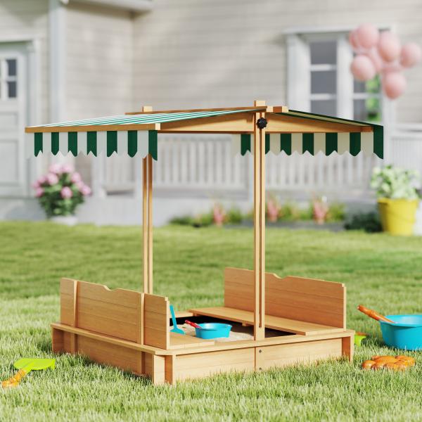 Caixa de Areia para Crianças de Madeira com Toldo Ajustável em Altura 2 Bancos e Encostos para Jardim 106x106x121 cm Natural