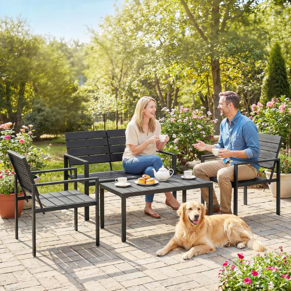Conjunto de Móveis de Jardim para 4 Pessoas - Sofá de 2 Lugares, 2 Cadeiras e Mesa de Centro - Preto