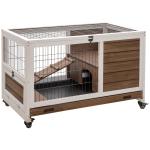 Coelheira de Madeira Gaiola de para Pequenos Animais Portátil com Teto Abatível Rampa Bandeja Removível 90x53x59cm Marrom
