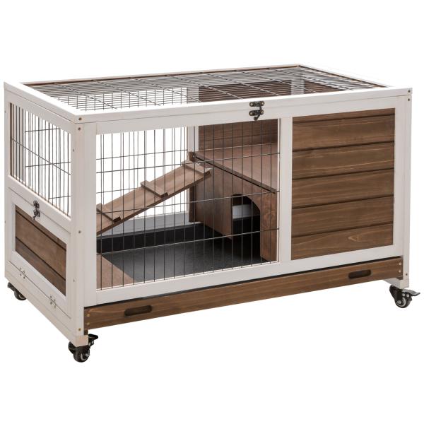 Coelheira de Madeira Gaiola de para Pequenos Animais Portátil com Teto Abatível Rampa Bandeja Removível 90x53x59cm Marrom
