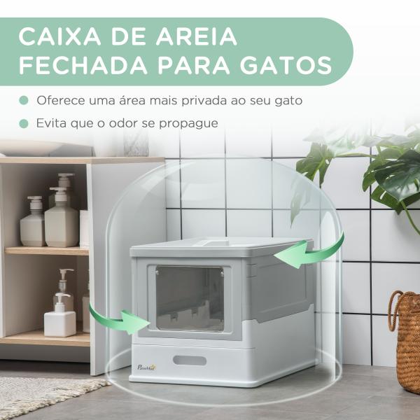 Caixa de Areia para Gatos Dobrável Caixa de Areia para Gatos Fechada com Bandeja Removível e Pá 47,5x35,5x36,7cm Cinza