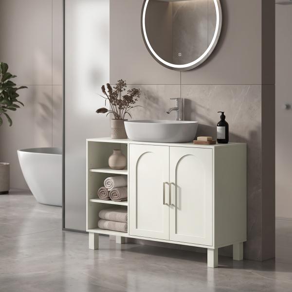 Móvel para Lavatório Suspenso Móvel para Casa de Banho Moderno com 2 Portas e Prateleiras Ajustáveis 90x30x63 cm Creme
