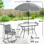 Conjunto de Mesa e Cadeiras de Jardim de 8 Peças com Chapéu de Sol 6 Cadeiras Dobráveis e Mesa de Vidro Cinza