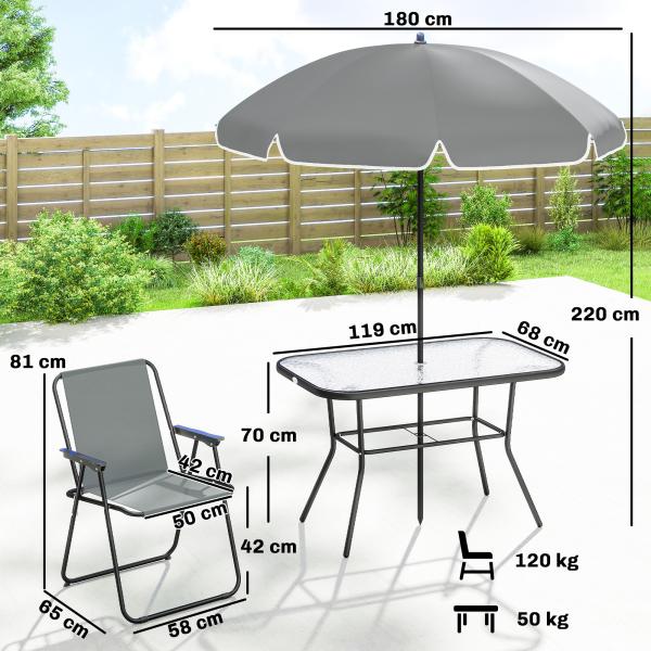 Conjunto de Mesa e Cadeiras de Jardim de 8 Peças com Chapéu de Sol 6 Cadeiras Dobráveis e Mesa de Vidro Cinza