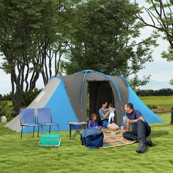 Tenda de Campismo Familiar para 4 - 6 Pessoas com 2 Dormitórios Impermeável 3000 mm com Bolsa 555x225x190 cm Cinza e Azul