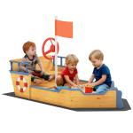 Caixa de Areia Infantil de Madeira Desenho de Galeão com Assento 2 Degraus Bandeira Vermelha e Leme Caixa de Areia de Jardim para Crianças acima de 3 Anos 158x78x45,5cm Natural