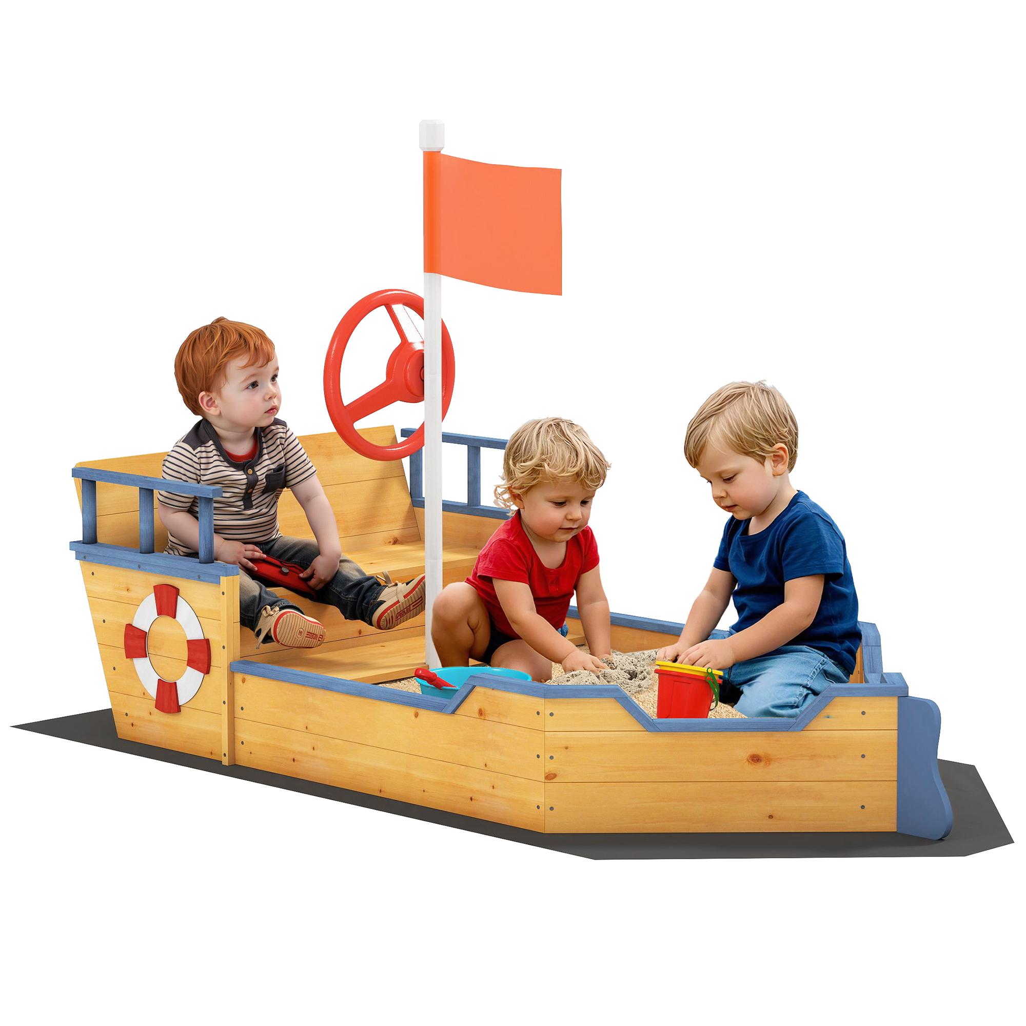 Caixa de Areia Infantil de Madeira Desenho de Galeão com Assento 2 Degraus Bandeira Vermelha e Leme Caixa de Areia de Jardim para Crianças acima de 3 Anos 158x78x45,5cm Natural