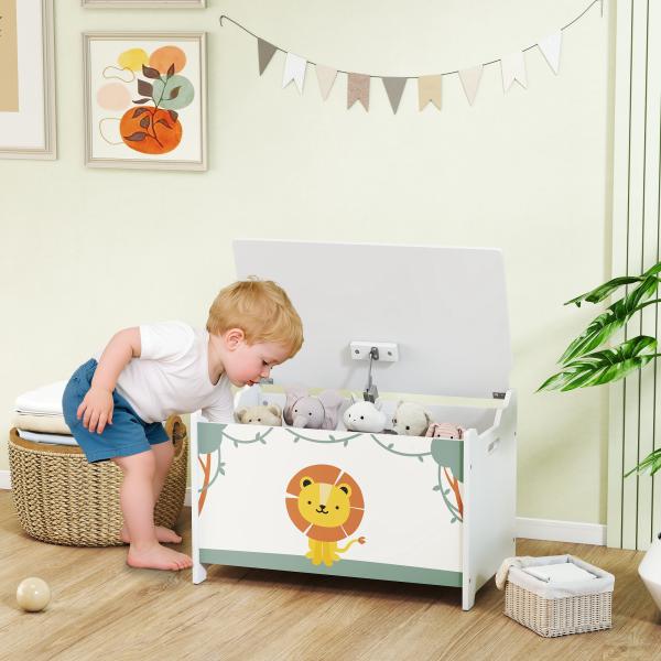 Baú Brinquedos Infantil 53 L Caixa de Arrumação Brinquedos com Tampa Rebatível e Pistão a Gás 60x37x39 cm Verde