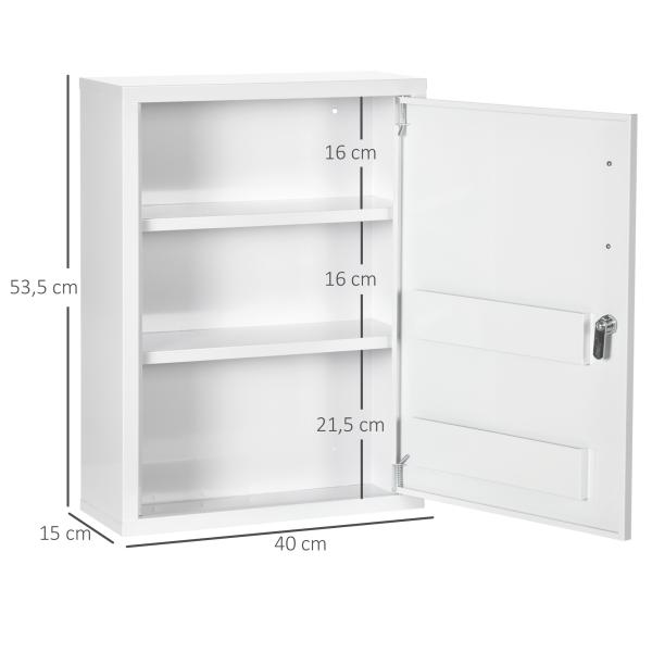 Armário de Parede de Aço para Medicamentos de 3 Níveis com Fechadura e 2 Chaves para Casa de Banho 40x15x53,5 cm Branco