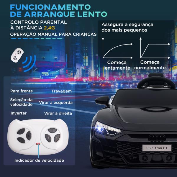 Carro Elétrico AUDI RS E - Tron GT 12V com 2 Motores Faróis LED Buzina Música USB 3 - 5km/h 103x58x41cm Preto