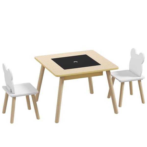 Conjunto de Mesa e 2 Cadeiras com Encosto em Forma de Ursinho e Compartimentos Ocultos Madeira e Branco
