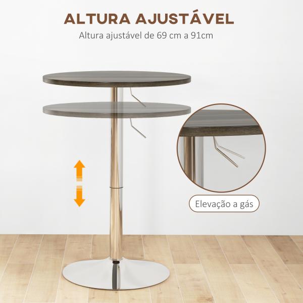 Mesa Alta Cozinha Mesa Alta Bar Redonda para 2 Pessoas Altura Ajustável Tampo Giratório 360° 60x60x91 cm Nogueira