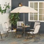 Conjunto de Jardim Refeição 6 Peças com 4 Cadeiras Dobráveis Mesa com Bancada de Vidro e Chapéu de Sol Bege