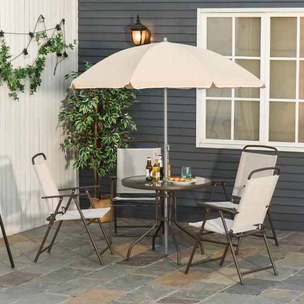 Conjunto de Jardim Refeição 6 Peças com 4 Cadeiras Dobráveis Mesa com Bancada de Vidro e Chapéu de Sol Bege