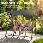 Baloiço de Jardim de 3 Lugares com Teto Ajustável UPF50+ 2 Bandejas Almofadas e Estrutura em Metal 222x131x175 cm Cinza