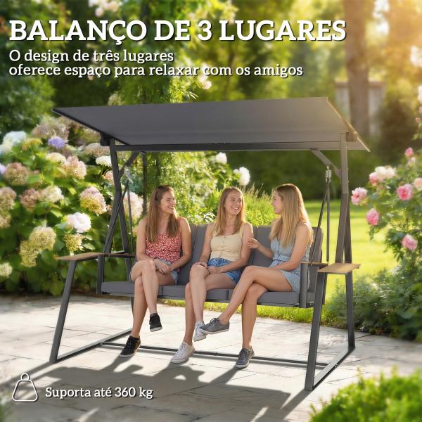 Baloiço de Jardim de 3 Lugares com Teto Ajustável UPF50+ 2 Bandejas Almofadas e Estrutura em Metal 222x131x175 cm Cinza