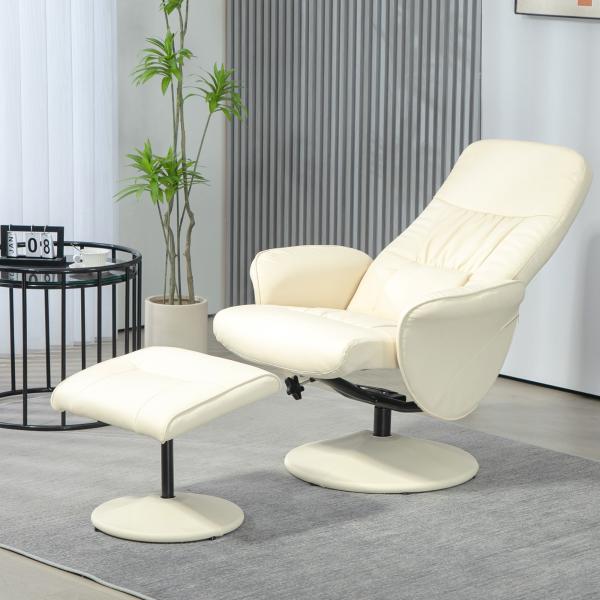 Poltrona Relax com Apoio para os Pés Estofada em PU Reclinável até 145° e Giratório 360° com Encosto Ajustável 81x81x105cm Creme