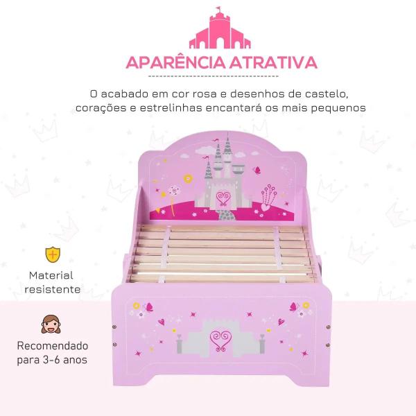Cama Infantil Meninas c/ Barreira de Proteção 143x73 cm Carga Máx. 50kg para Crianças acima de 3 Anos Rosa