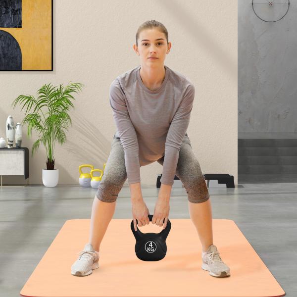 Peso Russo de 4 kg Kettlebell Fitness Preenchido de Areia com Punho Largo Antiderrapante 18x12x20 cm Preto