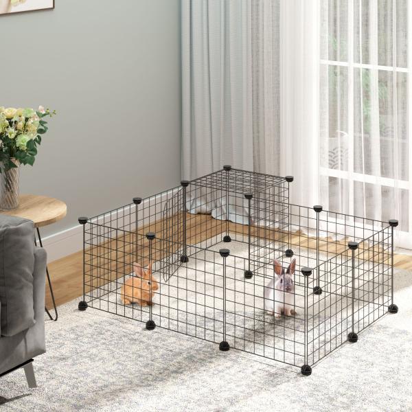 Recinto para Pequenos Animais DIY com 24 Painéis com Grade Metálica Recinto Modular para Coelhos Chinchilas 105x105x70cm
