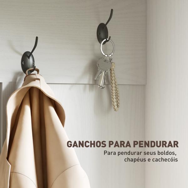 Móvel Cabide de Entrada com Banco Sapateira 5 Ganchos 3 Prateleiras Armário e Compartimentos Estilo Rústico 105x40x180 cm Branco