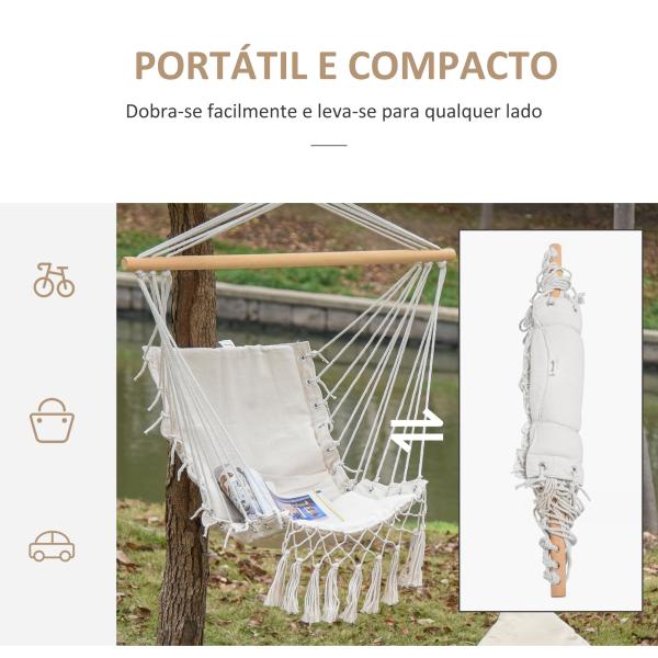 Cadeira Suspensa com Borlas Cadeira Rede Suspensa de Algodão Capacidade 120 kg Estilo Moderno para Exterior 90x50 cm Bege