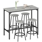 Conjunto de Móveis Altos de Bar com 5 Peças Mesa de Refeição Industrial e 4 Bancos Redondos Cinzento e Preto