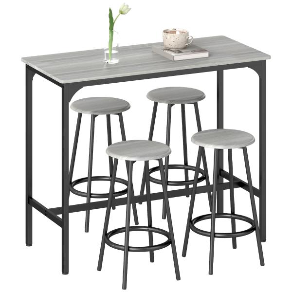Conjunto de Móveis Altos de Bar com 5 Peças Mesa de Refeição Industrial e 4 Bancos Redondos Cinzento e Preto