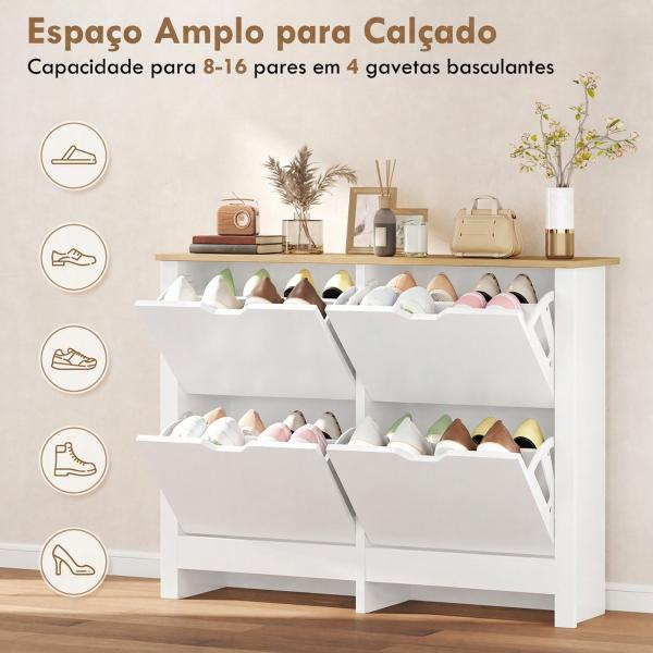 Sapateira Branca Alta com 4 Gavetas Basculantes para 16 Pares, 105x26x80 cm