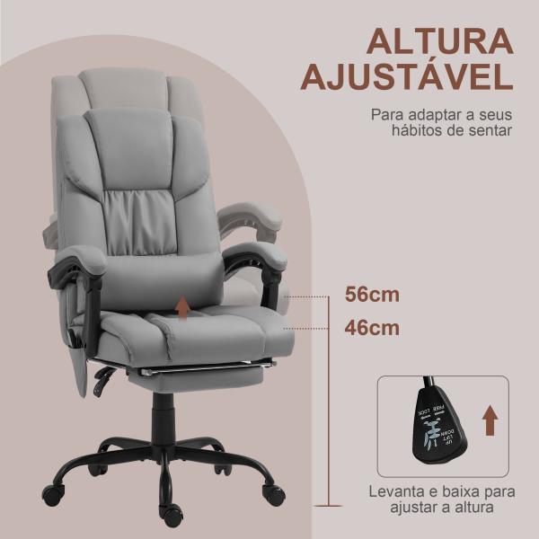 Cadeira de Escritório com Massagem de 6 Pontos Encosto Alto Reclinável Apoio para Pés e Controlo Remoto 66x75x112 - 122 cm Cinza