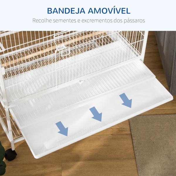 Gaiola para Pássaros com Rodas Bandeja Amovível 4 Portas Comedouros e Prateleira de Armazenamento 78x52x132cm Branco