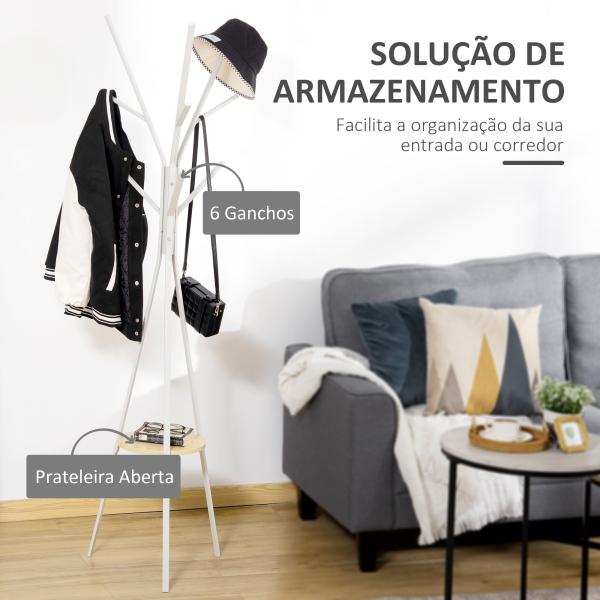 Cabide de Pé Metálico para Pendurar Roupa Bolsas com 9 Ganchos e Prateleira Cabide de Pé Moderno 45x45x180 cm Branco