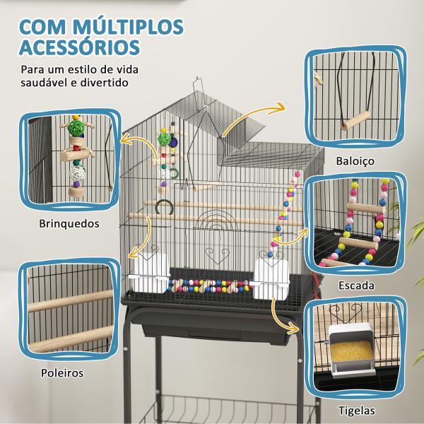 Gaiola para Passáros Gaiola de Metal com Portas 4 Comedouros 3 Poleiros Baloiço Escadas e Bandeja Removível 46x36x120 cm Preto