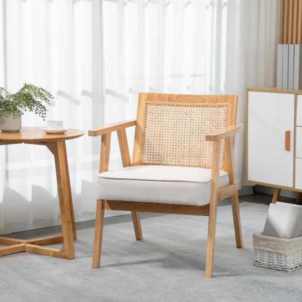 Cadeira de Sala de Estar com Encosto em Vime e Estrutura de Madeira de Borracha 63x69x78 cm Madeira e Bege
