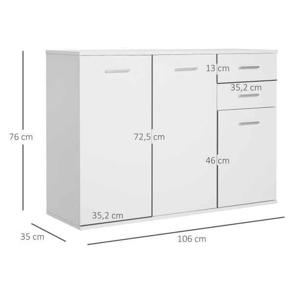 Armário Aparador amplo espaço de Armazenamento para sala de jantar com portas e gavetas 106x35x76cm Branco