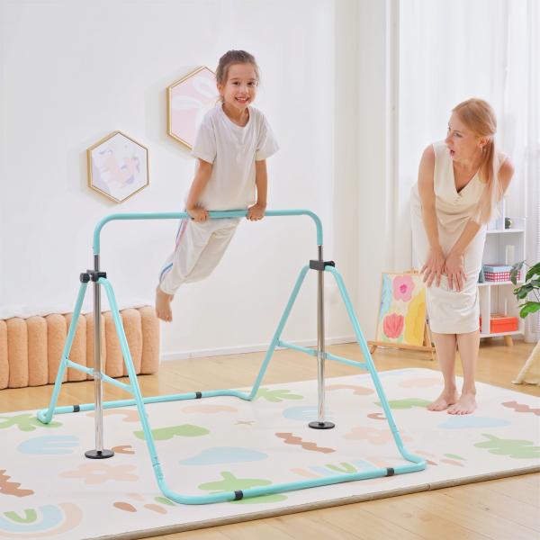 Barra de Ginástica para Crianças Dobrável com Altura Ajustável para Treino em Casa 154x106,2x88,5 - 128,5 cm Azul Celeste