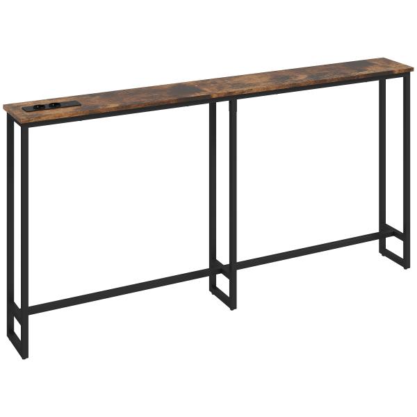 Mesa de Consola Estreita Consola com Estação de Carga Estrutura de Aço Estilo Industrial para 160x20x80 cm Marrom Rústico