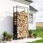 Lenheiro Exterior em Aço Resistente para Lenha com Largura e Altura Ajustáveis, Carga 100 kg, 45,5 - 75,5x25x98 - 170 cm, Preto