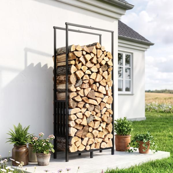 Lenheiro Exterior em Aço Resistente para Lenha com Largura e Altura Ajustáveis, Carga 100 kg, 45,5 - 75,5x25x98 - 170 cm, Preto